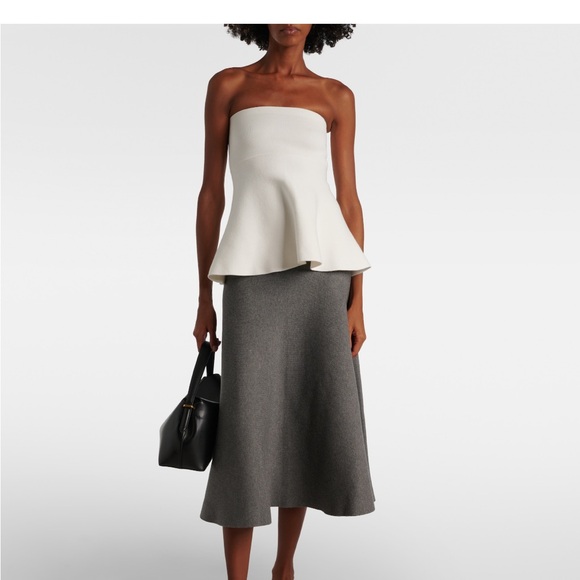 The Frankie Shop Tops - The Frankie Shop White Strapless Peplum Top with Gray Midi Skirt